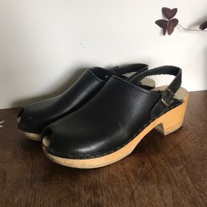 Sven black leather peep toe clog mules